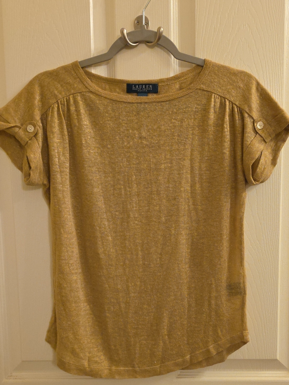 Lauren Ralph Lauren 100% Linen Gold Short Sleeve Knit Top